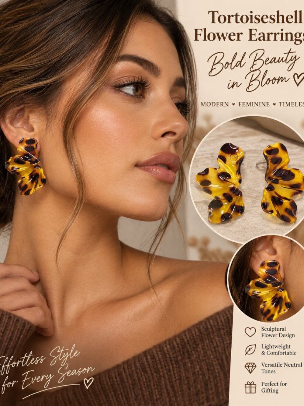 Tortoiseshell Flower Earrings Amber Acrylic Sculptural Petal Statement Studs New